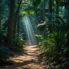 Sunlight beams through dense forest canopy onto a dirt path in a lush green woodland scene
