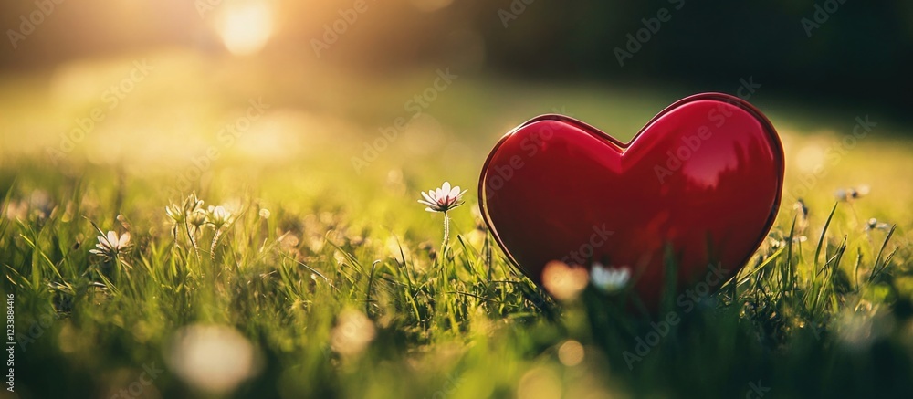 Aufkleber red heart shape object on grassy field during sunset with soft focus and warm light copy space