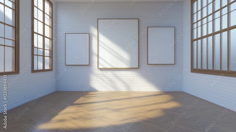 Poster empty art gallery interior with white walls and three blank picture frames illuminated by sunlight t
