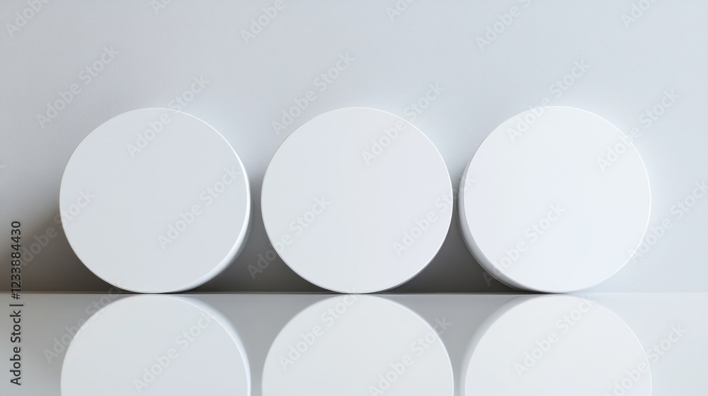 Poster three white circular containers on a reflective surface against a plain background with ample copy s