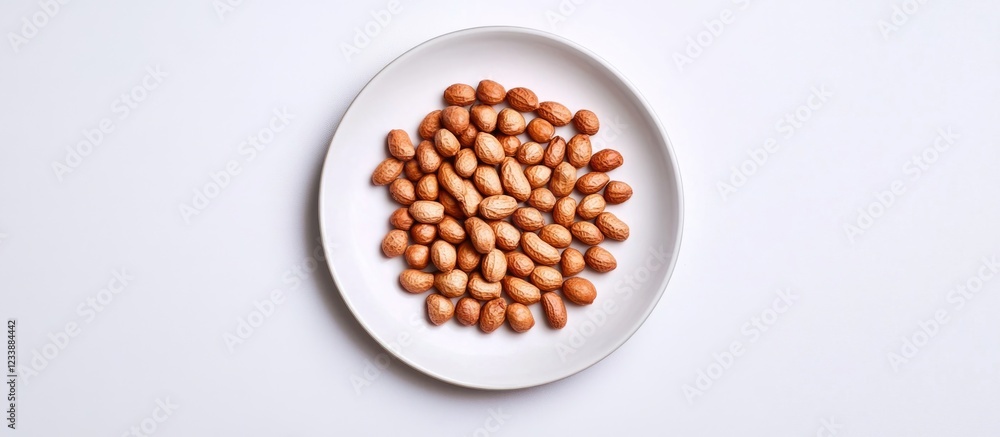 Poster brown peanuts arranged on a white plate against a minimalistic background with copy space for text.