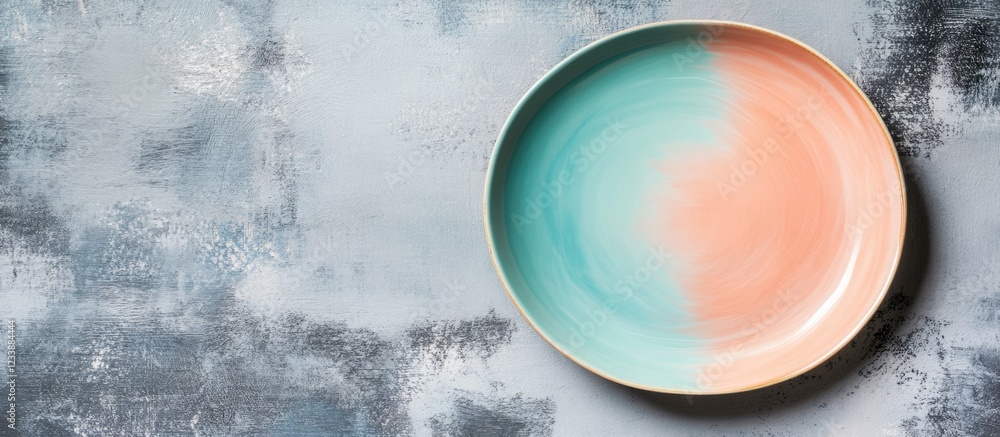 Poster ceramic plate with turquoise and coral gradient on textured grey background with ample copy space fo