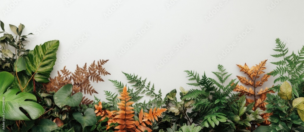 Poster tropical foliage border with various types of leaves and ample copy space on a white background