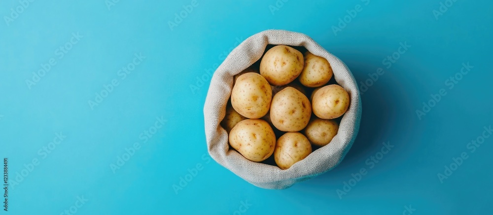 Poster potatoes in a fabric bag on a blue background with ample copy space for text inclusion