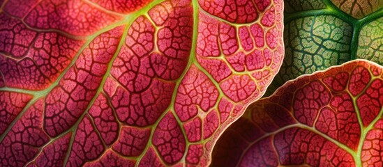 Obraz premium Close-up of vibrant multi-colored plant leaves with intricate vein patterns and textures Copy Space