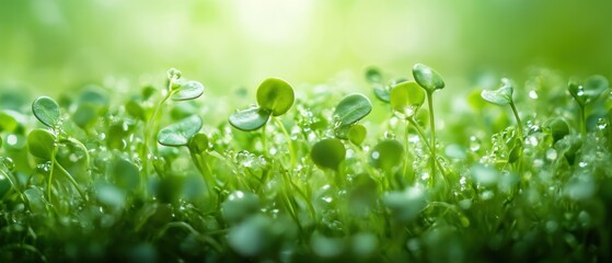 Fresh Green Seedlings in Dewy Morning Light with Soft Focus on Lush Background in Nature Scene