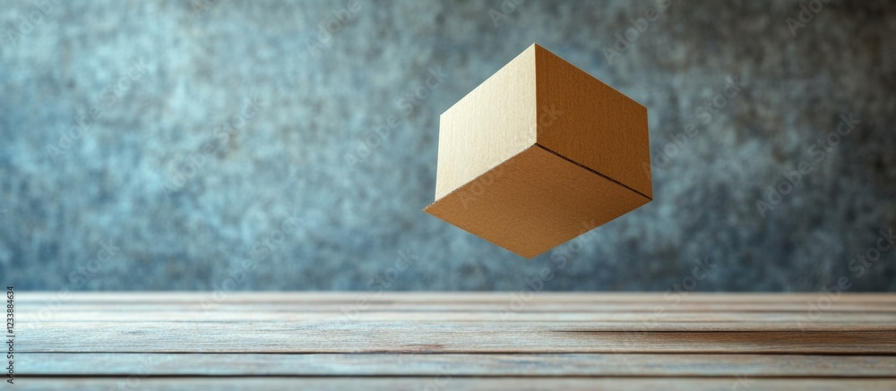 Poster floating cardboard box on wooden surface with textured gray background and copy space for text place