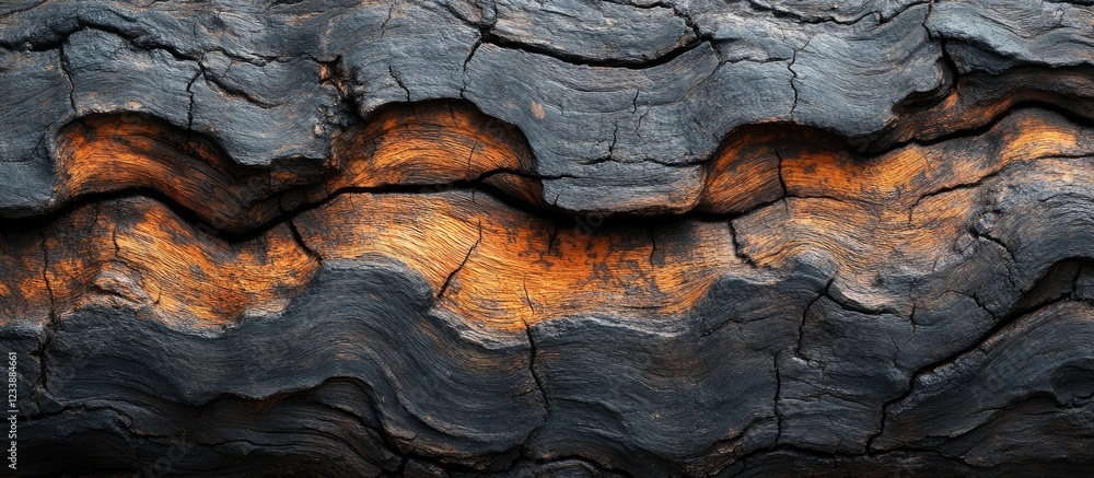 Poster textured charred wood surface with orange and black hues and visible cracks suitable for background 