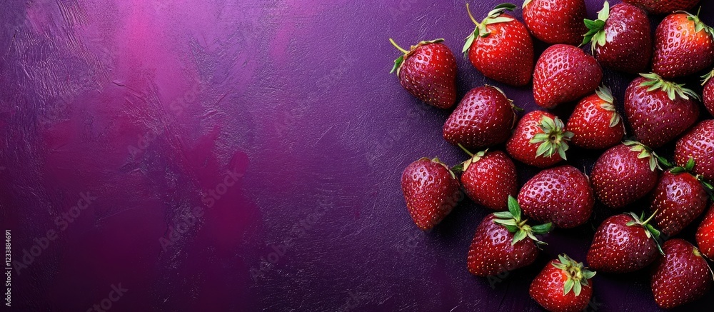 Poster fresh ripe strawberries arranged on a dark purple textured background with ample copy space for text