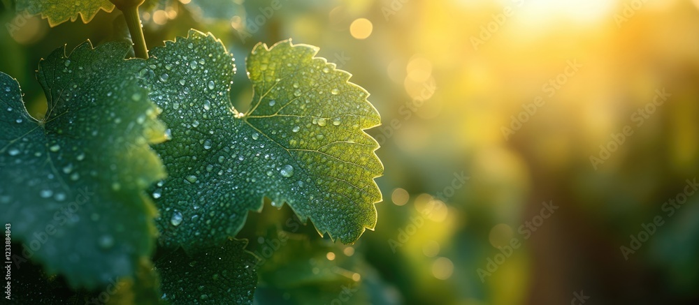Poster close-up of dew-covered green grapevine leaves in soft sunlight with bokeh effect and copy space for