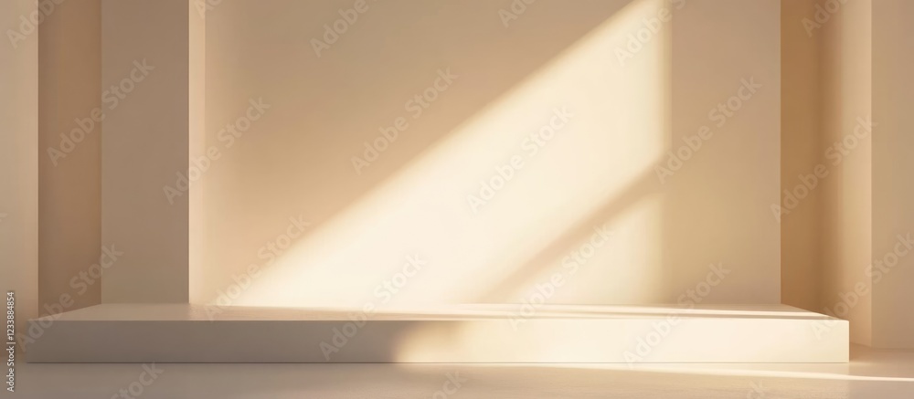 Poster minimalistic interior with soft lighting on beige walls and a platform for display copy space