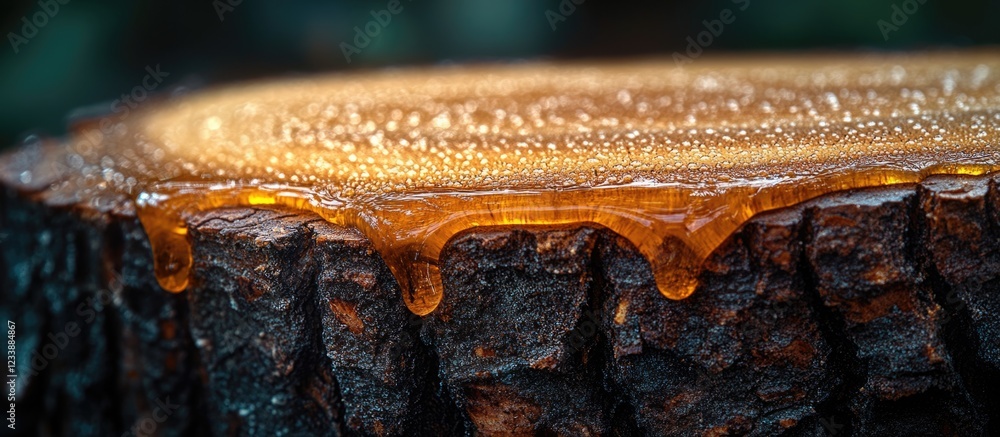 Aufkleber close-up of tree stump with resin dripping down its bark surface surrounded by blurred background co