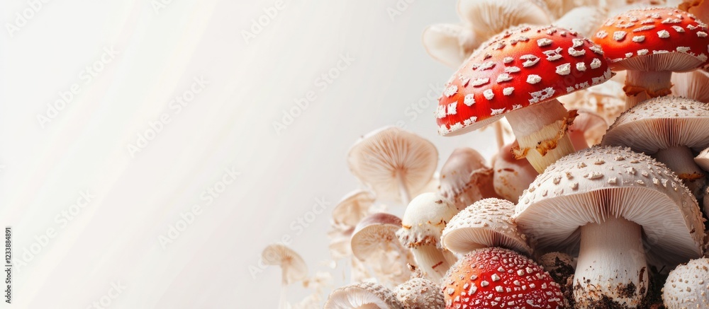 Poster mushroom varieties in natural environment with focus on red and white spotted caps and copy space fo