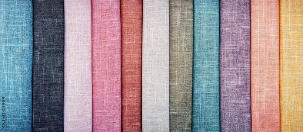 Poster colorful fabric swatches arranged in a row displaying various textile textures and colors with copy 