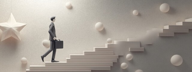 Businessman Ascending Staircase to Success  A 3D Render of Ambition and Achievement