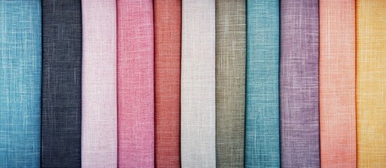Fototapeta premium Colorful fabric swatches arranged in a row displaying various textile textures and colors with Copy Space for design purposes