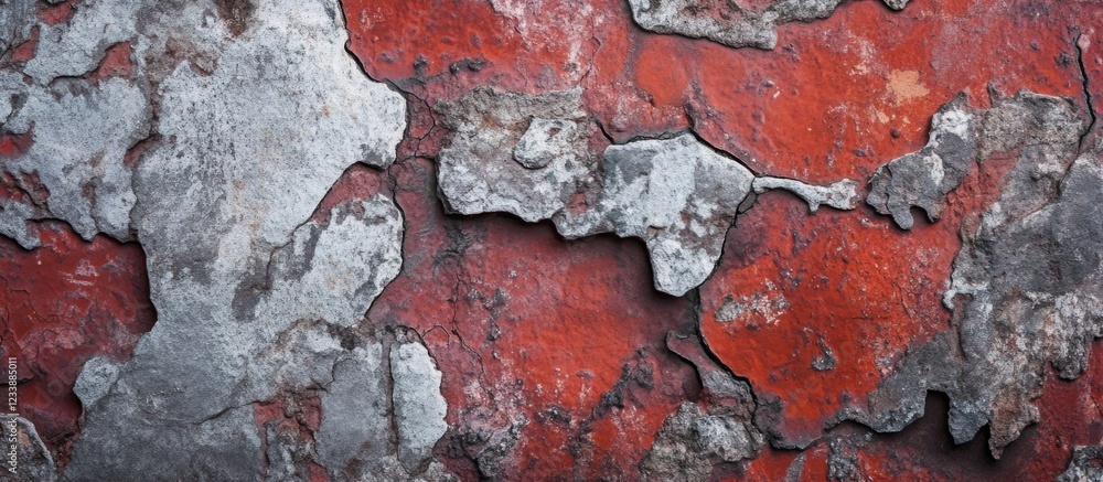 Poster textured close-up of peeling red paint with metallic silver underlayer on weathered surface ideal fo