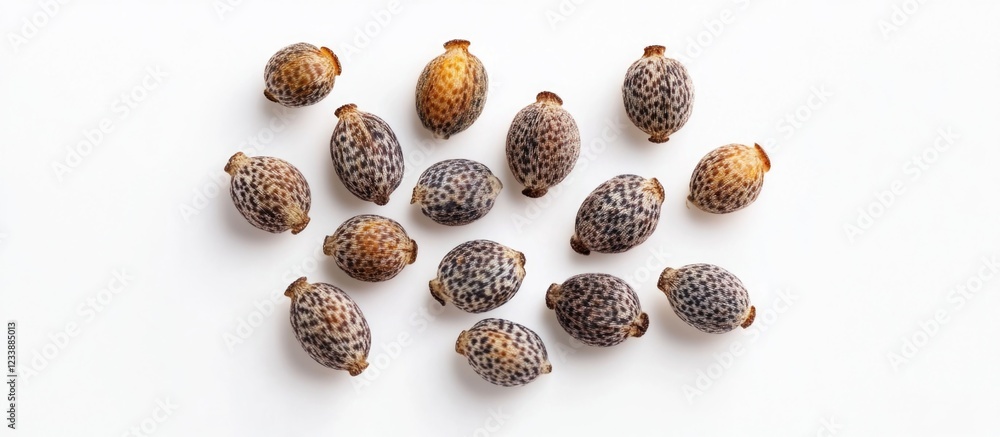Poster collection of various spotted seeds arranged on a white background with ample copy space for text in