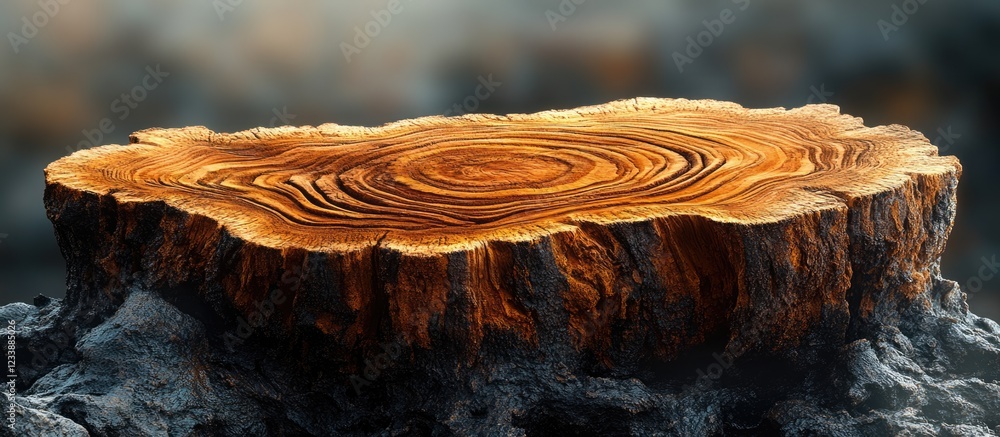 Poster detailed close-up of a cross-section of tree stump showcasing growth rings and natural textures with