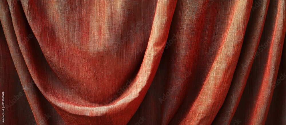 Poster textured rich red curtain fabric draped in soft folds with subtle sheen and shadow creating depth an