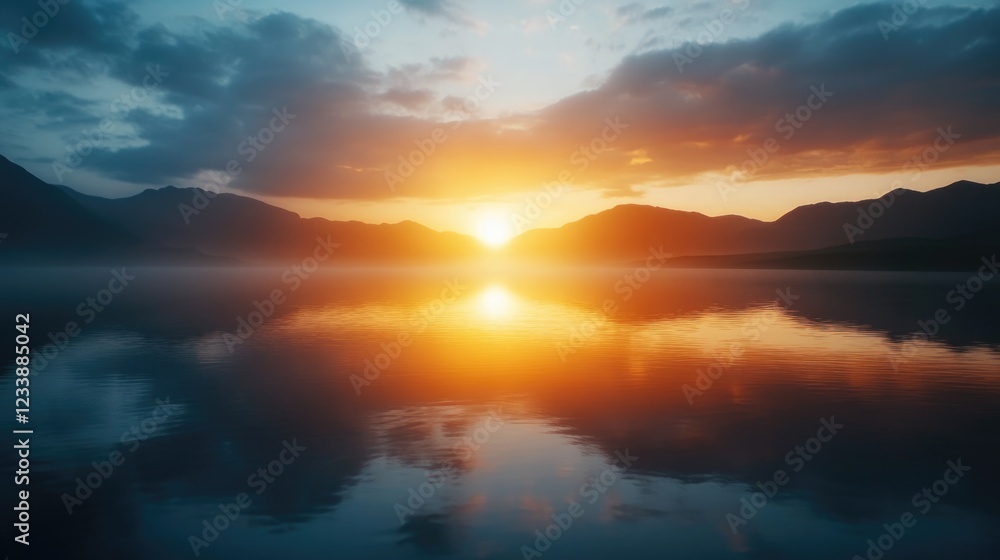 Poster sunset over tranquil lake with reflection of mountains and colorful sky clouds, peaceful landscape w