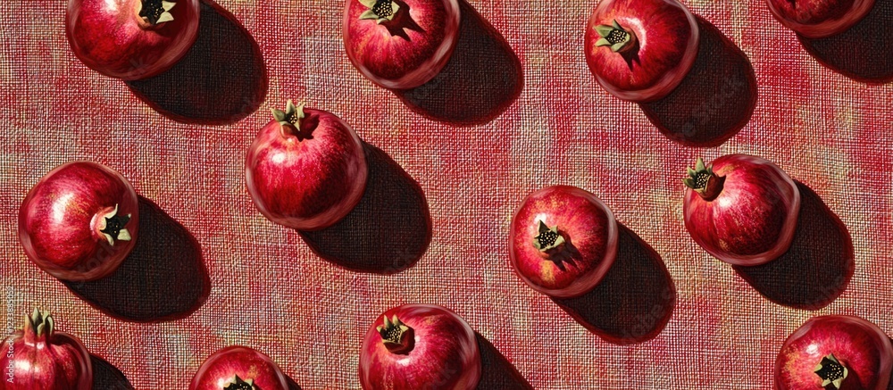 Poster pomegranates arranged diagonally on patterned red surface with shadows