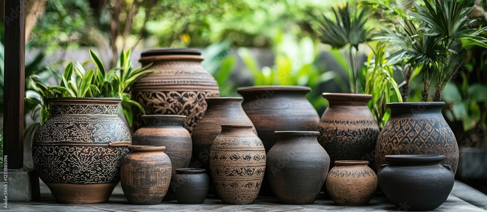 Poster collection of various traditional clay pots displayed in a green outdoor setting with copy space for