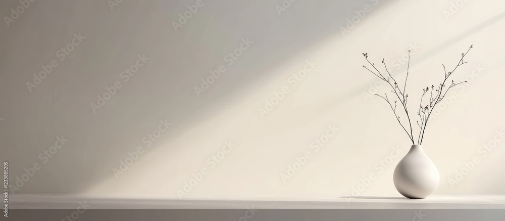 Poster minimalist interior scene featuring a simple vase with branches against a neutral background and sof