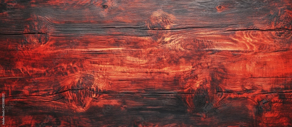 Poster textured red stained wooden surface with dark tones and natural grain patterns suitable for various 