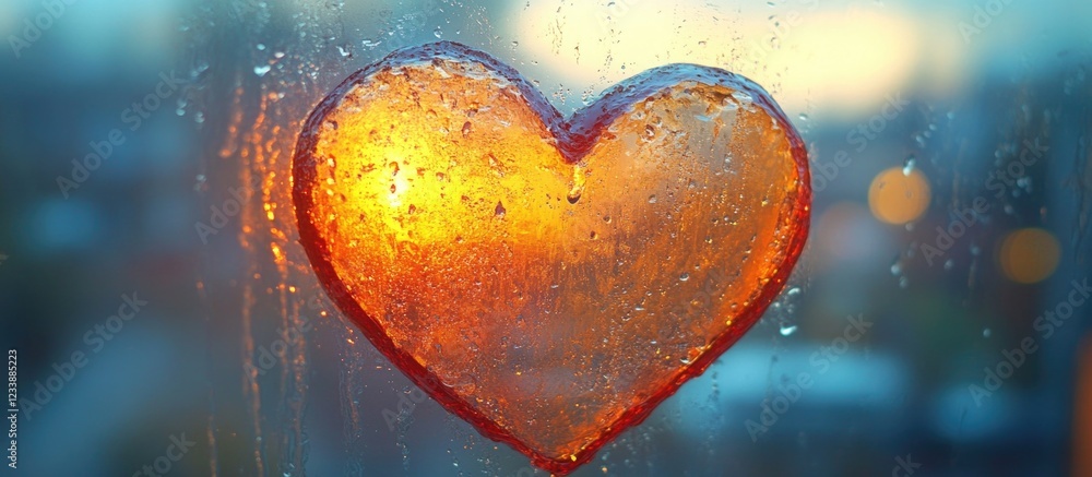 Poster heart shape silhouette on wet glass with warm light and bokeh background, copy space available for t