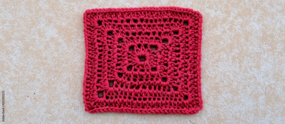 Poster handcrafted red crochet square with intricate patterns on a neutral background featuring ample copy 