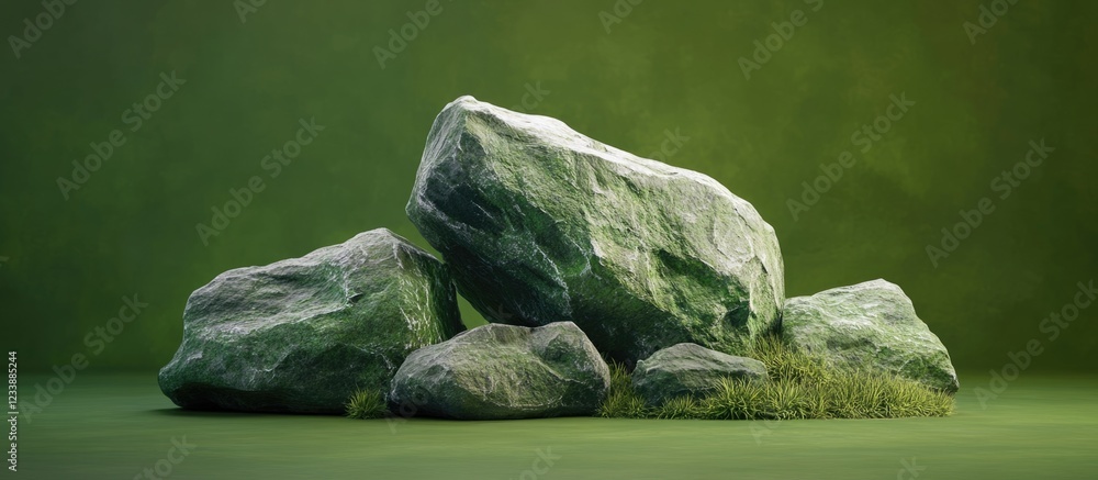 Poster cluster of rocks on grassy surface with green gradient background and copy space