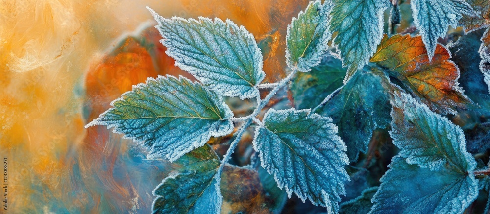 Poster frost covered green leaves with soft focus background in warm tones and copy space for text placemen