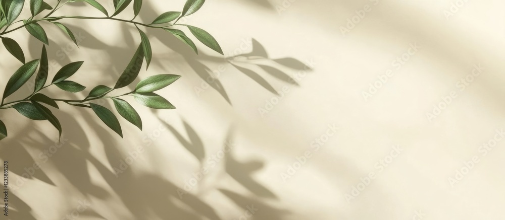 Poster green leaves casting shadows on a light beige background with ample copy space.