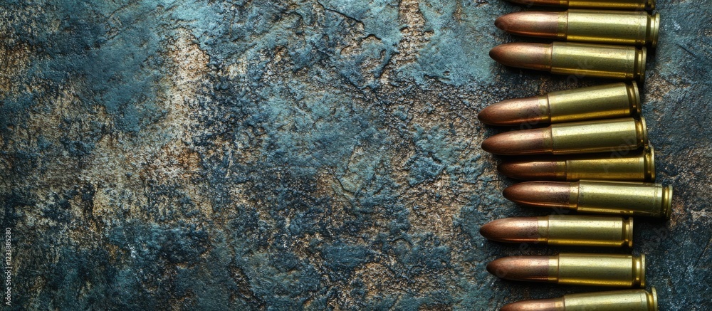 Poster bullets arranged on a textured blue and brown metal surface with copy space for text placement.