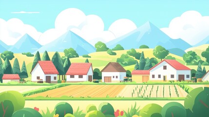 Naklejka premium Idyllic Village Scene with Rolling Hills and Farmland