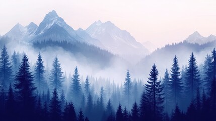 Misty mountain forest sunrise, scenic view, peaceful landscape, travel poster