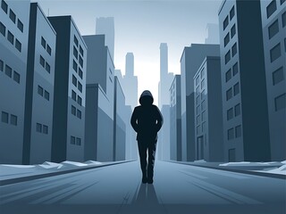 A hooded figure walks down a snowy city street