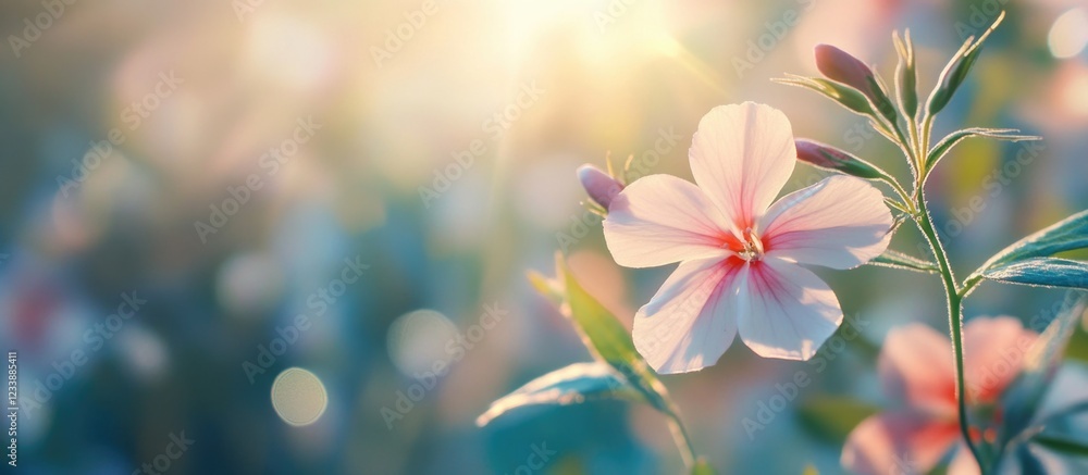 Aufkleber delicate pink flower with soft sunlight and bokeh background copy space for text placement
