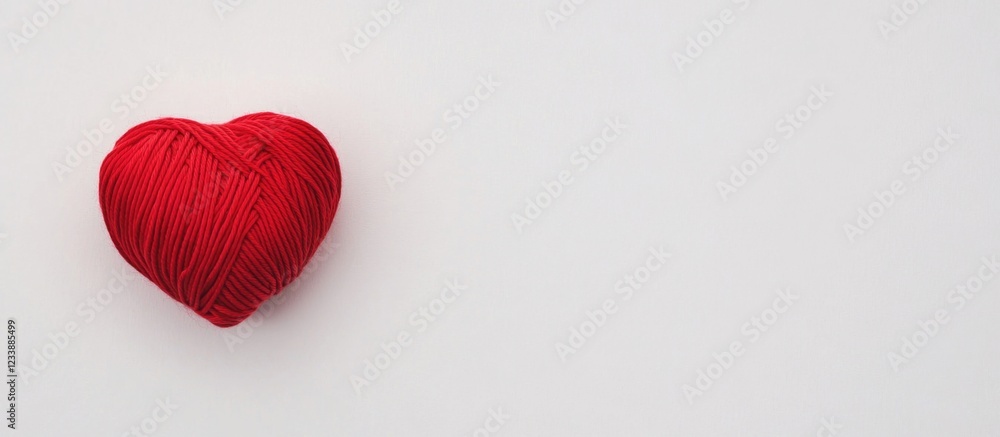 Poster red heart-shaped yarn ball on a light background with ample copy space for text insertion