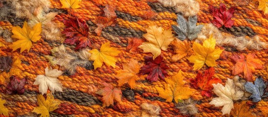 Colorful autumn leaves arranged on textured fabric background with warm tones and soft focus Copy Space