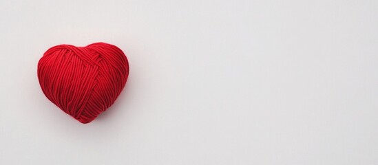 Red heart-shaped yarn ball on a light background with ample copy space for text insertion