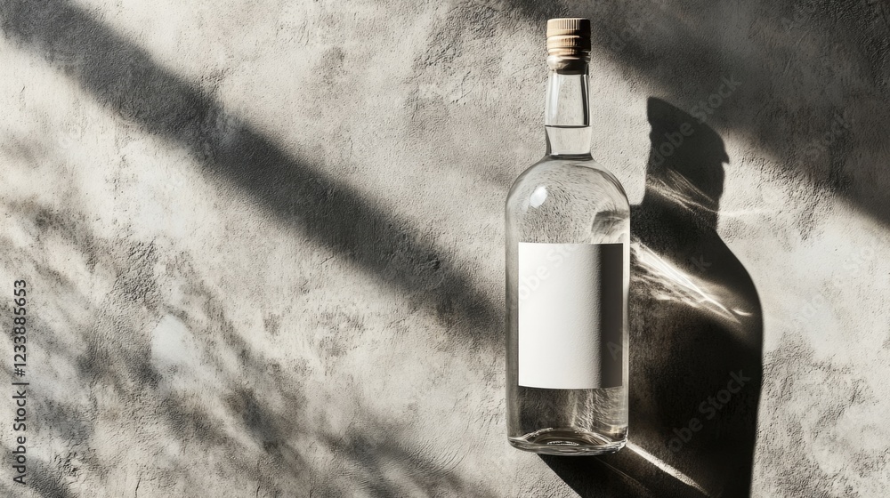 Poster glass bottle with cork stopper on textured concrete background with long shadows and label area for 