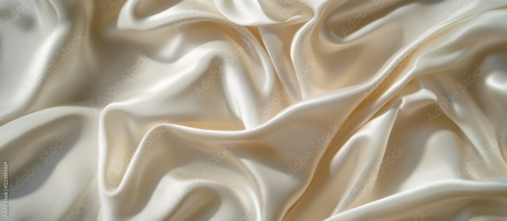 Poster satin fabric texture close up with soft waves and natural folds in light cream color copy space