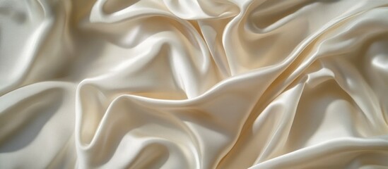 Fototapeta premium Satin fabric texture close up with soft waves and natural folds in light cream color Copy Space