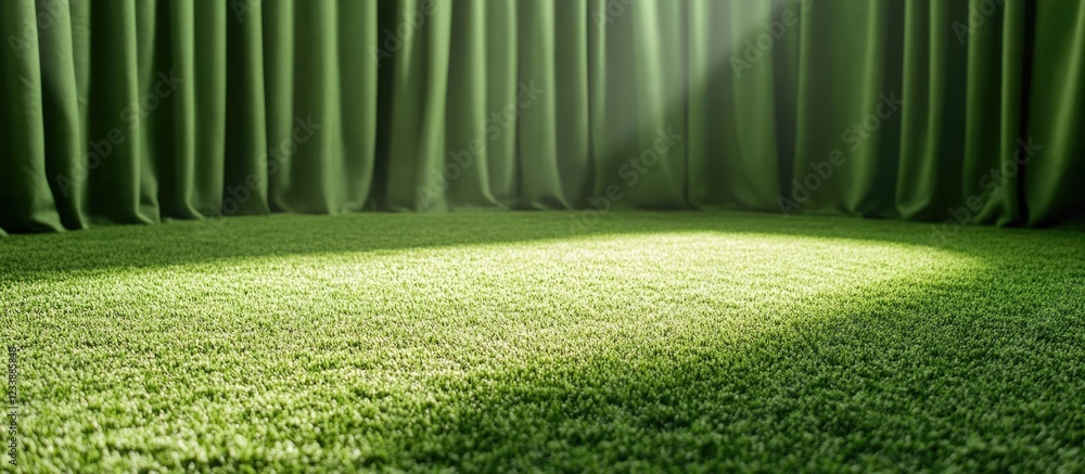 Poster indoor scene with green artificial grass flooring and green curtains illuminated by sunlight creatin