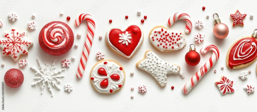 Poster festive christmas cookies and candies arranged on white background with red and white color theme an