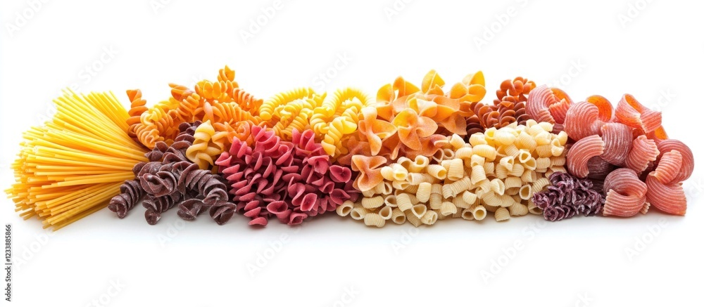 Poster assorted uncooked pasta varieties arranged in a colorful horizontal line on a white background with 