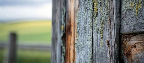 Weathered wooden fence post with moss and lichen close-up against blurred green landscape Copy Space
