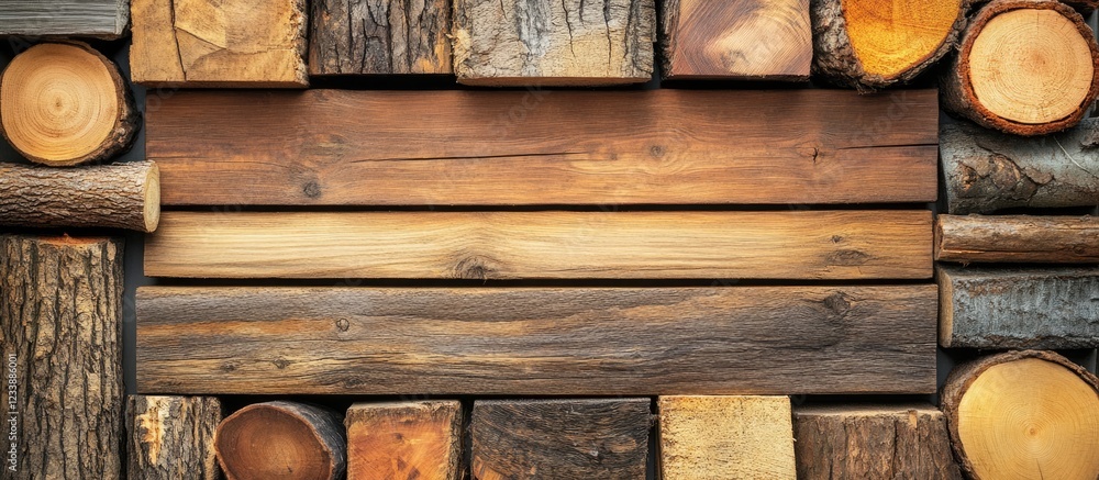 Poster various pieces of stacked wood logs with different textures and shapes on a wooden surface with copy